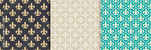 Fleur de lis. Gothic seamless pattern with royal french lily. Vector vintage emblem. Royal elegance background.