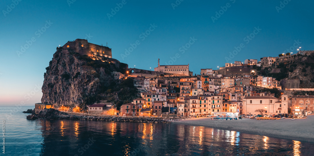 Aerial view of Scilla by night. Calabria, Italy.