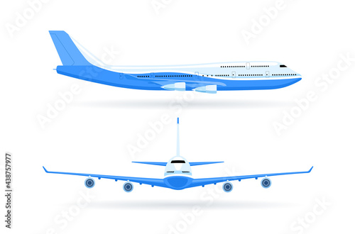 Airplane in white and blue. 2 views, straight and side. Vector flat illustration isolated on white background.