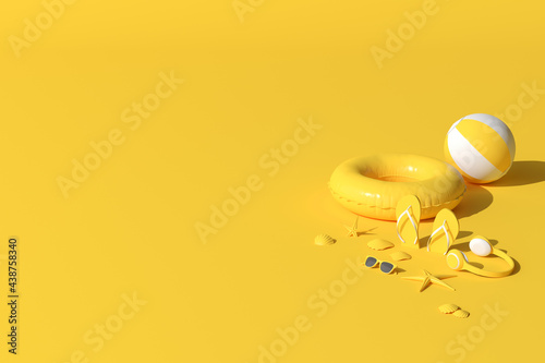 Mock up of yellow summer beach concept. Summer accessories, headphone, sunglasses, starfish, shell, inflatable ring and flip-flop on blue background. 3D rendering.