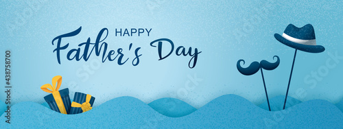 Happy Father's Day poster and banner template with cute illustration on blue background. Vector illustration for greeting card, shop, invitation, discount, sale, flyer, decoration.