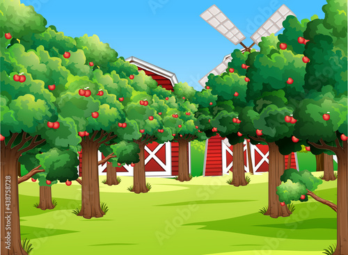 Farm scene with many apple trees