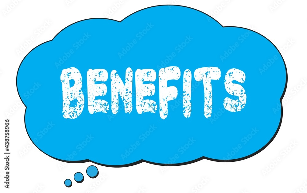 BENEFITS text written on a blue thought bubble.