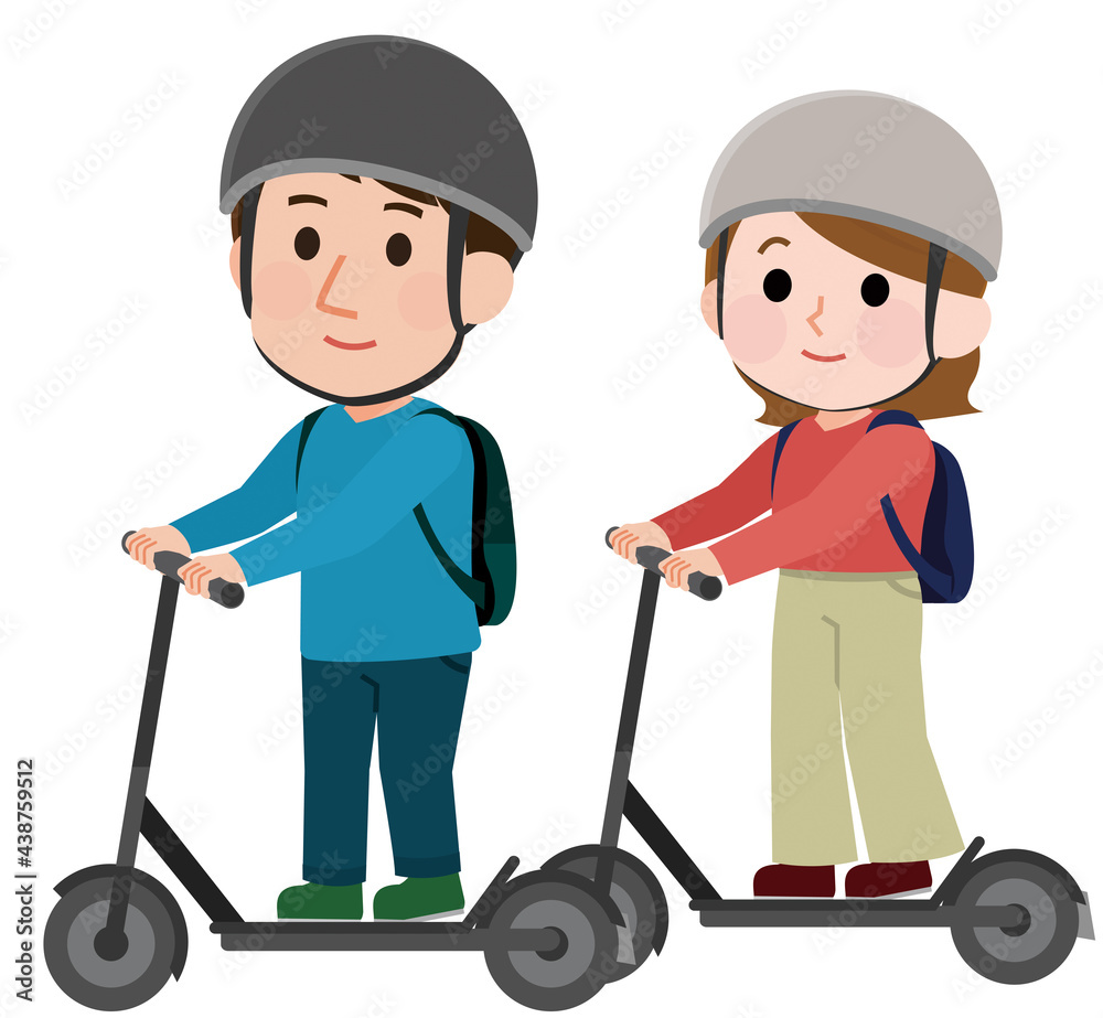電動キックボードに乗る男性と女性 ヘルメットあり イラスト 電動キックボードに乗る男性と女性 ヘルメットあり イラスト