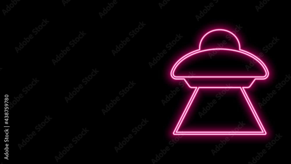 Glowing neon line UFO flying spaceship icon isolated on black background. Flying saucer. Alien space ship. Futuristic unknown flying object. 4K Video motion graphic animation Glowing neon line UFO flying spaceship icon isolated on black background. Flying saucer. Alien space ship. Futuristic unknown flying object. 4K Video motion graphic animation