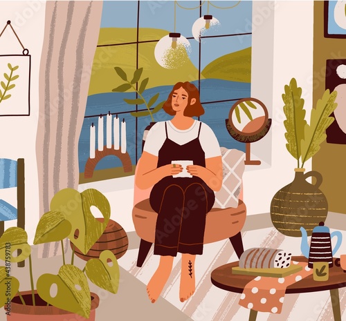 Young woman sitting and relaxing in armchair with letter at cozy home. Female character resting in modern living room. Slow life and time for yourself concept. Colored flat vector illustration