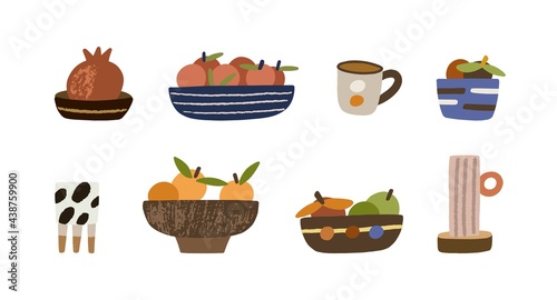 Set of handmade bowls with fruits, plates, pots, cups and mugs. Cute pottery of different sizes and shapes for cozy interior decoration. Flat vector illustration of home decor isolated on white