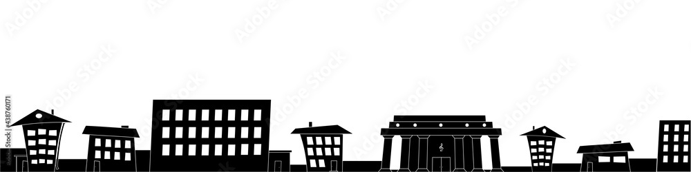 Silhouette crooked fairy houses city skyline for footer on white. Vector illustration. Silhouette crooked fairy houses city skyline for footer on white. Vector illustration.