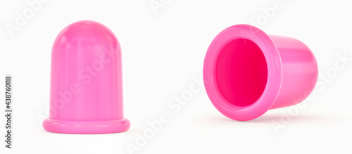 Silicone Anti-Cellulite Bubble massage tool. Pink massage anticellulite cup isolated on white background. 3D rendering. Front and side view. photo