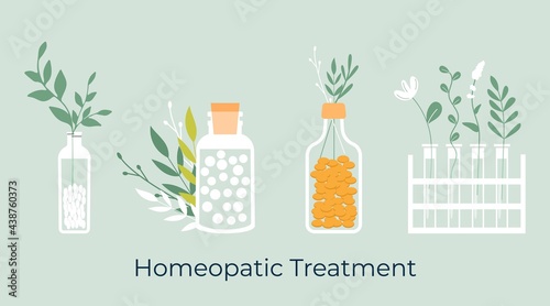 Set of green organic natural homeopathic pills in glass jars. Homeopathy treatment banner, herbal alternative medicine, essential natural oil, herb pharmacy, food supplement. flat vector