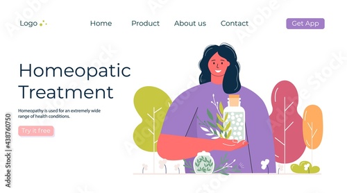 Cartoon people prepared organic natural homeopathic pills in glass jars. Homeopathy treatment banner, landing page,  herbal alternative medicine,  pharmacy, food supplement. flat vector