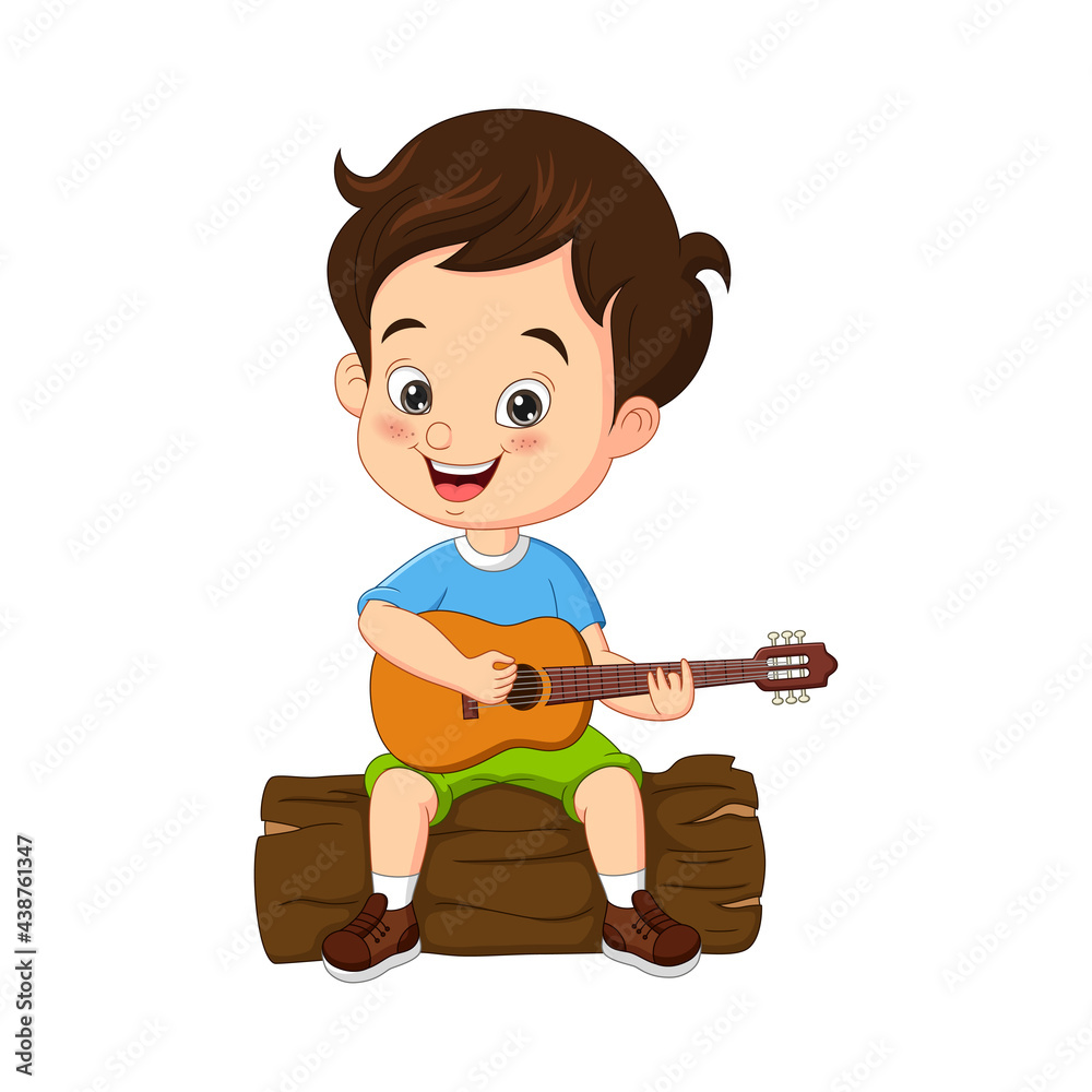 Cartoon boy scout playing guitar on stump Cartoon boy scout playing guitar on stump