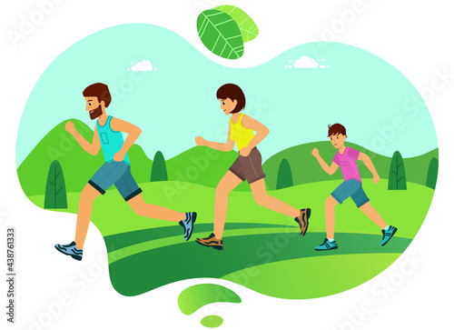 Happy family on a jogging. Father, mother and son are running around in the park.