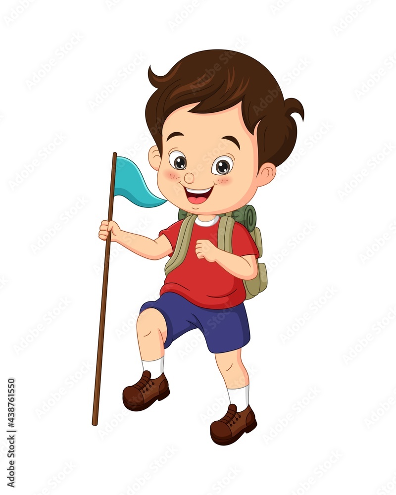 Cartoon happy boy scout holding a flag Cartoon happy boy scout holding a flag