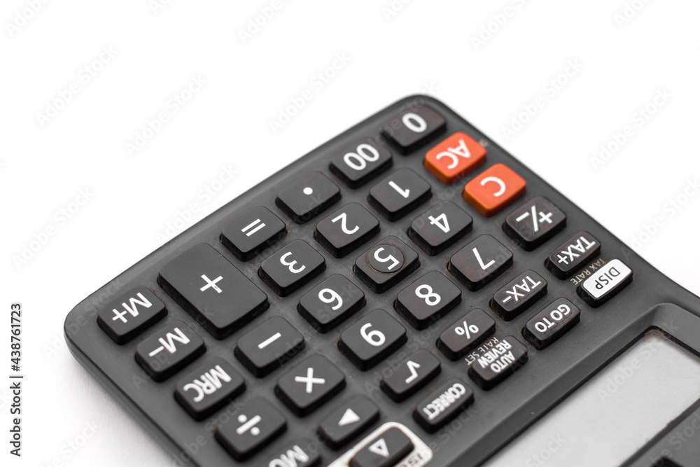 Black calculator on white background isolated stock image. Black calculator on white background isolated stock image.