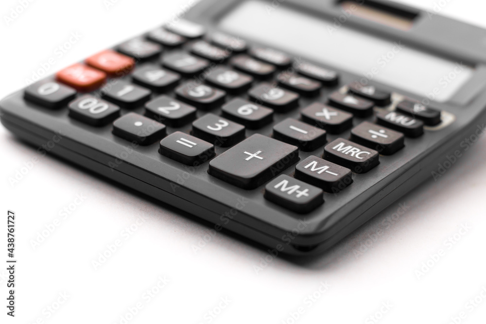 Black calculator on white background isolated stock image. Black calculator on white background isolated stock image.