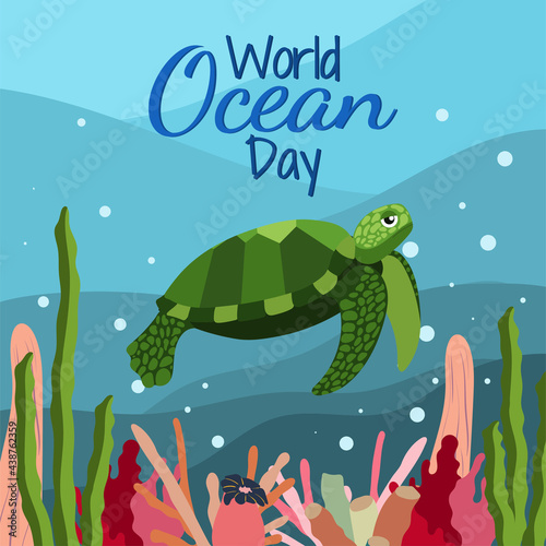 World ocean day in cartoon style on blue background with cute big green turtle, seaweed and corals. Square orientation. Vector graphic. June 8.