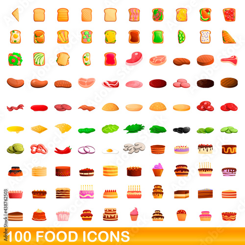 100 food icons set. Cartoon illustration of 100 food icons vector set isolated on white background