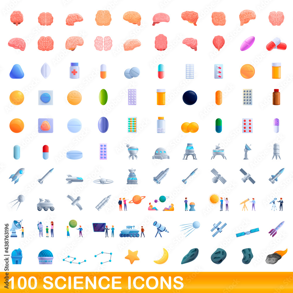 100 science icons set. Cartoon illustration of 100 science icons vector set isolated on white background