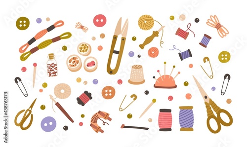 Set of different tools for needlework, sewing, embroidery, knitting, bead craft, crochet.Tailor's supplies with needles, threads, pins, and thimble. Colored flat vector illustration isolated on white