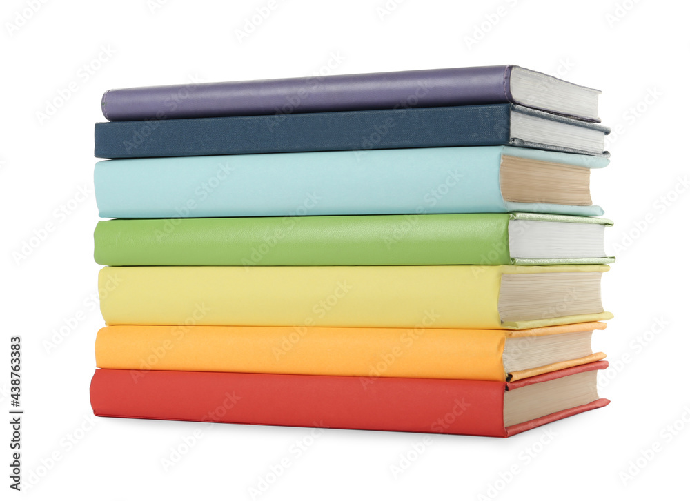 Many colorful hardcover books on white background Many colorful hardcover books on white background