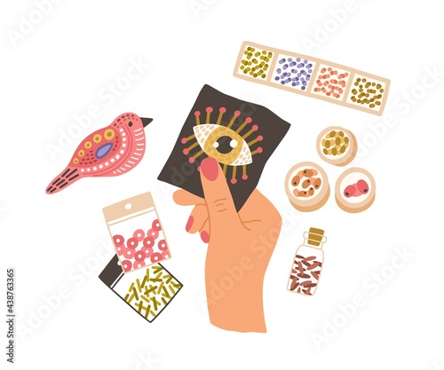 Handmade bead craft on canvas in female hand. Embroidery and jewelry from colorful items. Packs, containers, storage boxes for handicraft stuff. Flat vector illustration isolated on white background