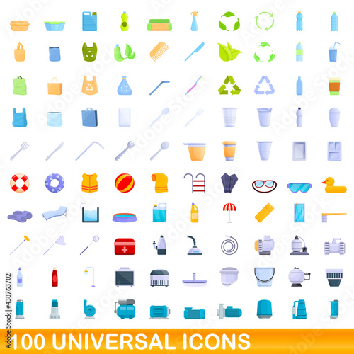 100 universal icons set. Cartoon illustration of 100 universal icons vector set isolated on white background