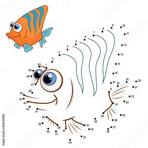 Cartoon cute fsh. Dot to dot game with numbers and answer for kids. Connect the dots by numbers and finish the picture. Education Game and Coloring Page with fish character. Practice counting to 50.
