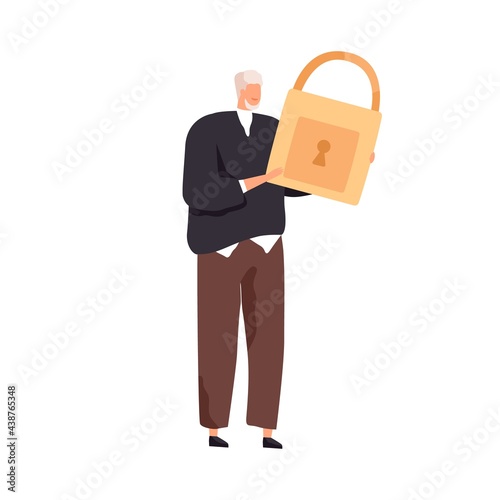 Internet security, data protection, secure access, confidentiality and privacy concept. Tiny person holding big strong solid padlock. Colored flat vector illustration isolated on white background