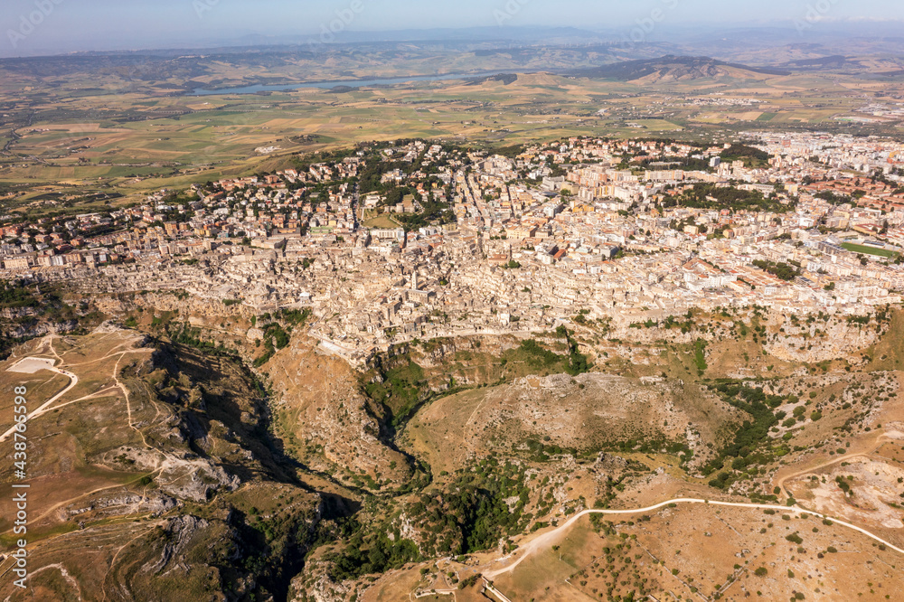 Morning aerial view of Matera, the city of stones. a flight over a city full of history