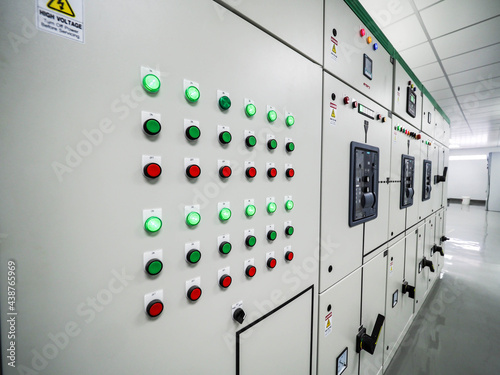 Electrical switchgear, Industrial electrical switch panel at substation in industrial zone at power plant with closed up