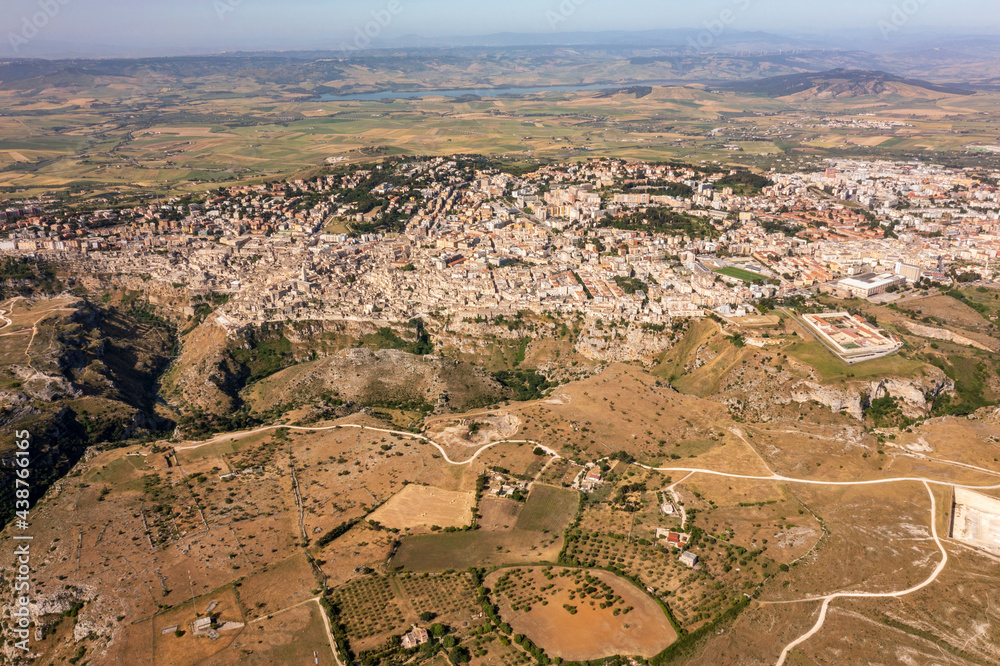 Morning aerial view of Matera, the city of stones. a flight over a city full of history