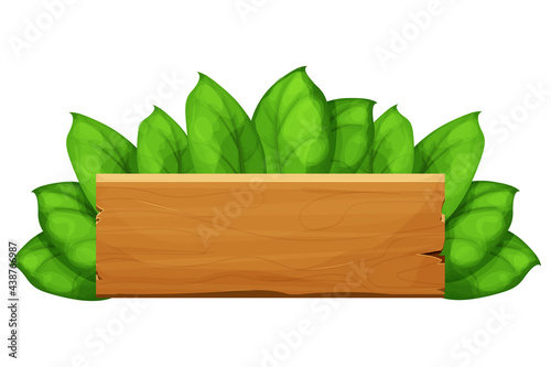 Wooden plank, billboard with leaves, exotic, jungle decoration in cartoon style isolated on white background. Empty board, textured an detailed. Vector illustration