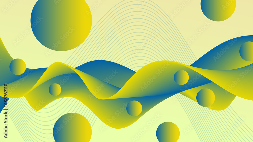 Abstract green-yellow, blue snaking fluid. Flowing wave, flying spheres, liquid pattern. 3d shapes. Futuristic design. Creative background. Template for landing page, flyer, poster, leaflet, promotion