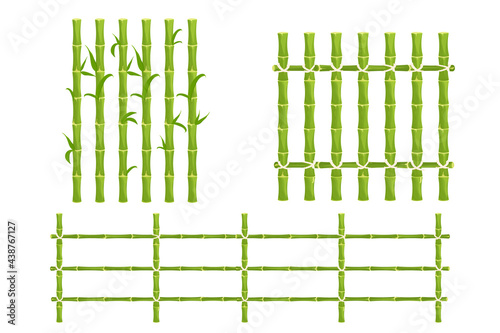 Set green bamboo fence with rope, picket from sticks, nature wall in cartoon style isolated on white background. Natural barrier from sticks, planks. Rustic outdoor protection. Asian, tribal.