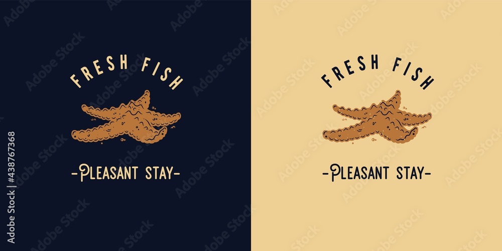 Summer print of starfish or logo of fresh fish. Surfing tropical for t-shirt design. Exotic food for surf tropic beach