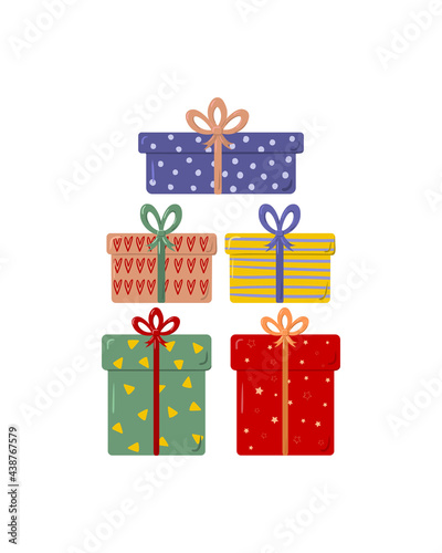 Gift boxes, presents isolated on white. Colorful wrapped. Sale, shopping concept. Collection for Birthday, Christmas. For Vector Cartoon flat design