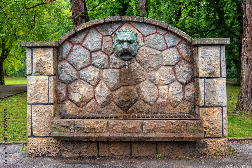 Panonija, Serbia - June 06, 2021: a public fountain with a lion symbol