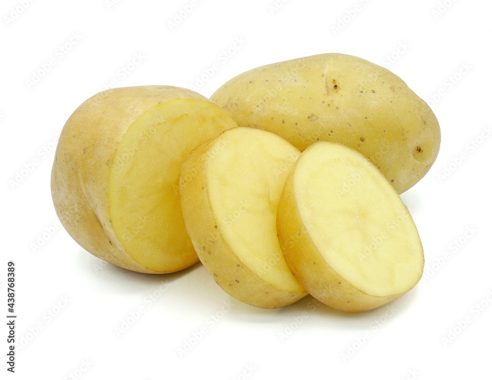 Raw potato sliced into pieces, Organic vegetable, Isolated on white background, Cut out with clipping path