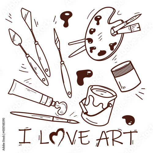 A set of tools for drawing and creating in a linear style. Working tools of the artist. Brushes, palette knives, and a doodle-style palette. Contour image of art objects. EPS10.