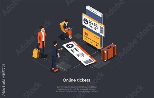 Vector Isometric Composition With Infographics. 3D Cartoon Style Illustration With Characters And Objects. Online Tickets Ordering Concept. Big Smartphone, People With Luggage Standing Near Choosing.