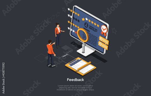 Composition On Dark Background. 3D Isometric Vector Design, Cartoon Style. Feedback Information Concept. Computer, Rating On Screen, People Standing Near Checking. Internet Communication And Services.