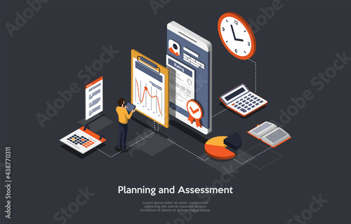 Composition On Dark Background. 3D Isometric Vector Design, Cartoon Style. Business Goals Planning Strategy And Rating Assessment Concept. Person Standing Near Smartphone And Work Infographic Items.