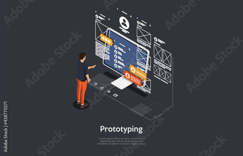 Program Prototyping Process Concept Design. Cartoon 3D Style, Vector Isometric Composition. Code Programming, UI Analytics. Person Standing Near Computer With Information On Screen, Infographic Items.