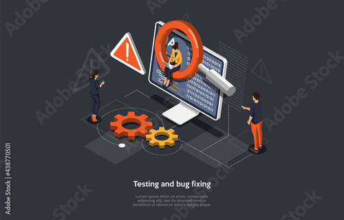 Program Or Application Testing  Bug Fixing Process Concept Design. Cartoon 3D Style  Vector Isometric Composition. Software Development And Coding. People Work Near Computer  Screen With Information.