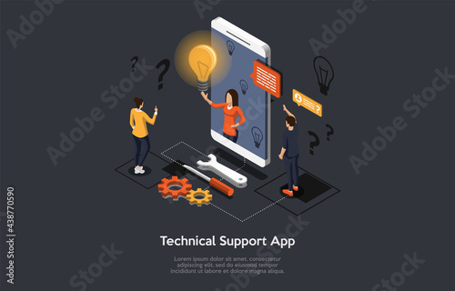 Composition With People And Objects On Dark Background. Vector Isometric Illustration, Cartoon 3D Style. Customer Technical Support Service Mobile Application. Smartphone, Clients Standing Around.