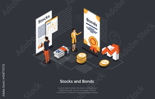 Composition With People And Objects On Dark Background. Vector Isometric Illustration, Cartoon 3D Style. Stocks And Bonds Business Guarantee Concept. Successful Work Documents. Infographic Elements.