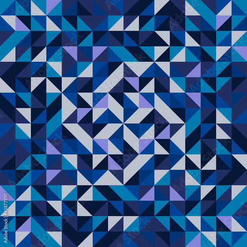 Blue crystal ornament. Vector glass triangles pattern. Repeated blue triangles decor wallpaper. Mosaic bright geometric triangles.
