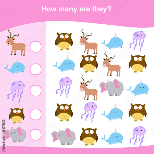 Fototapeta Naklejka Na Ścianę i Meble -  Counting game for Preschool Children. Educational printable math worksheet. Additional puzzles for kids. Vector illustration in cartoon style. Counting how many similar images.