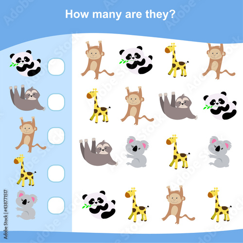 Fototapeta Naklejka Na Ścianę i Meble -  Counting game for Preschool Children. Educational printable math worksheet. Additional puzzles for kids. Vector illustration in cartoon style. Counting how many similar images.